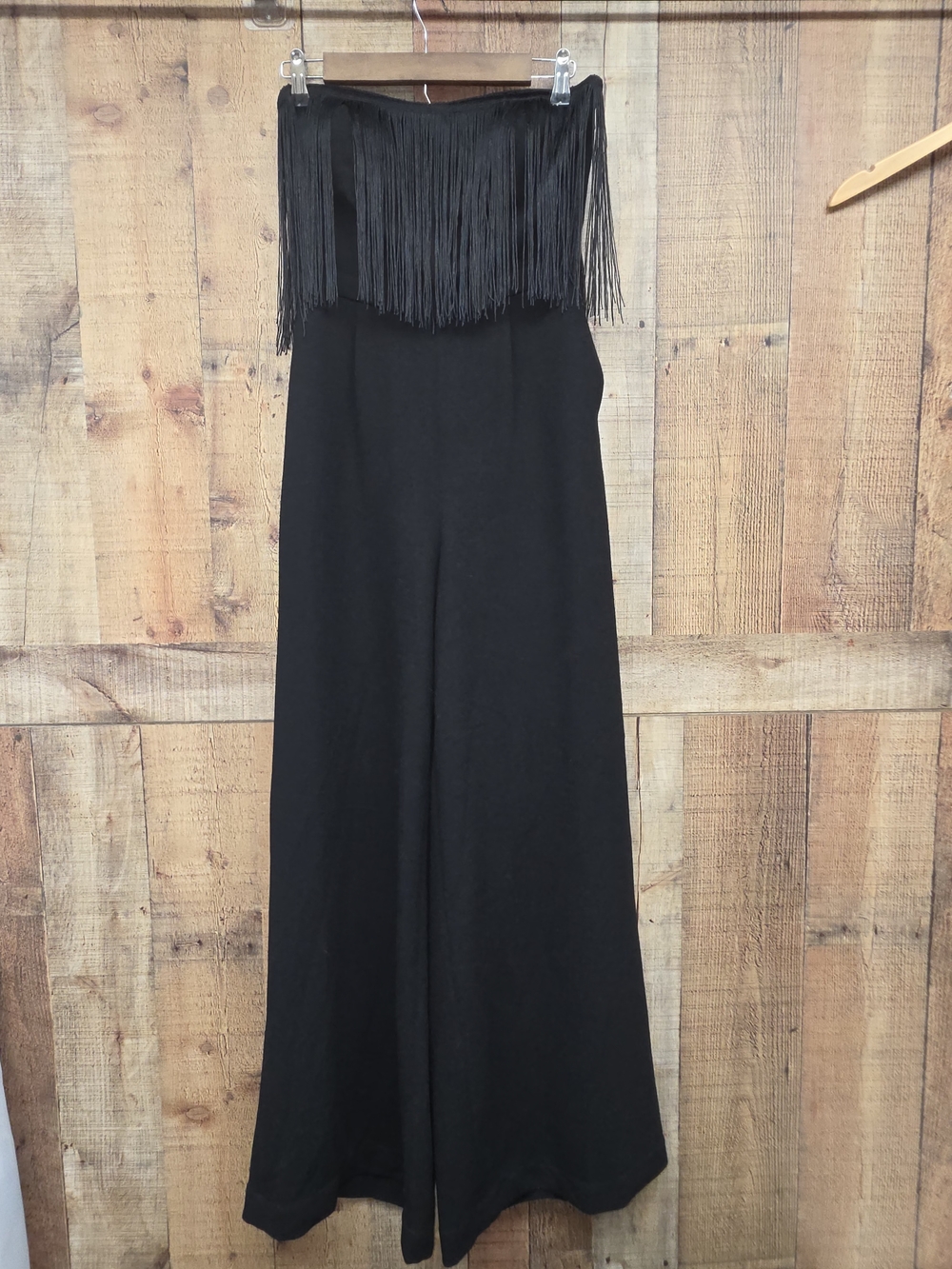 Jessica Simpson Fringe Wide Leg Strapless Zip Back Jumpsuit Black Size Small
